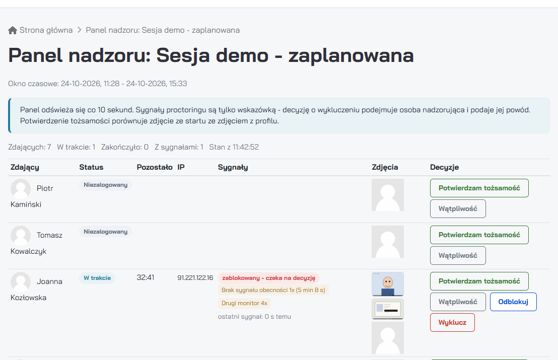 Panel nadzoru sesji egzaminacyjnej